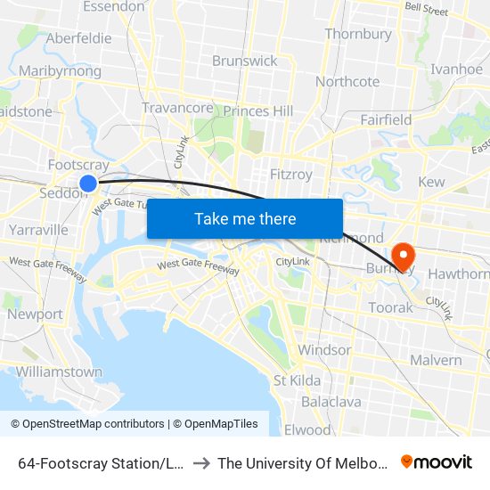 64-Footscray Station/Leeds St (Footscray) to The University Of Melbourne Burnley Campus map