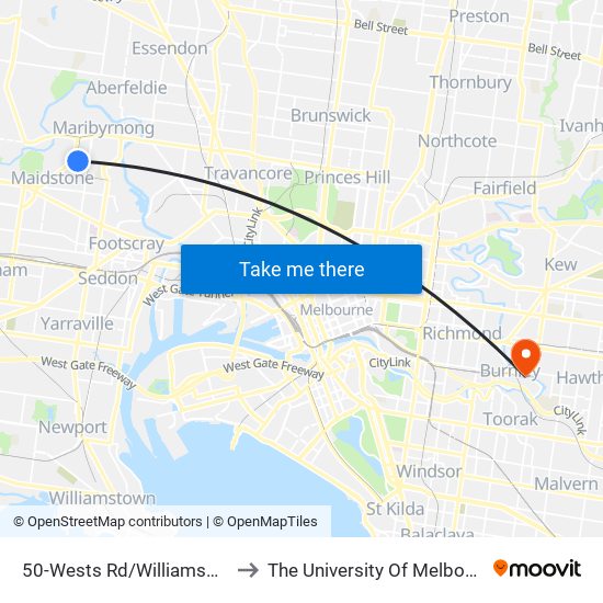 50-Wests Rd/Williamson Rd (Maribyrnong) to The University Of Melbourne Burnley Campus map