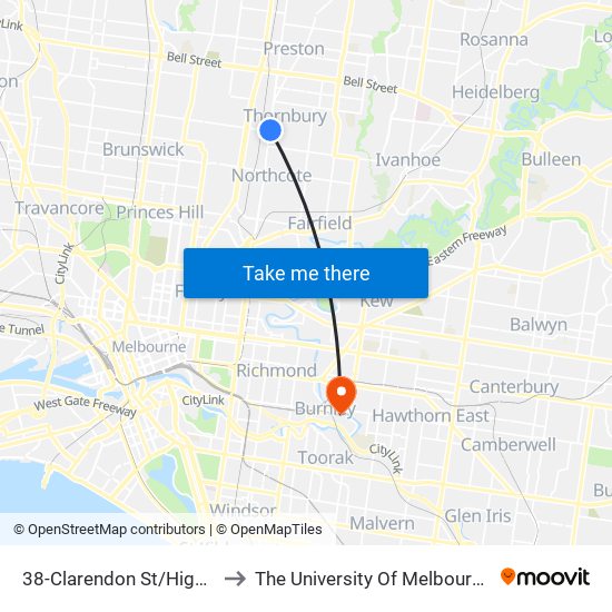 38-Clarendon St/High St (Thornbury) to The University Of Melbourne Burnley Campus map