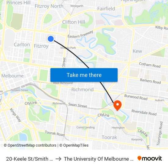 20-Keele St/Smith St (Fitzroy) to The University Of Melbourne Burnley Campus map