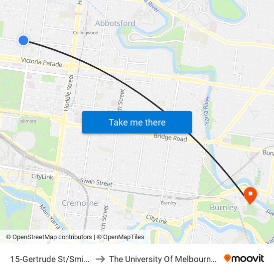15-Gertrude St/Smith St (Fitzroy) to The University Of Melbourne Burnley Campus map