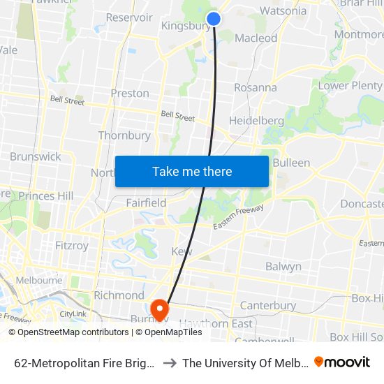 62-Metropolitan Fire Brigade/Plenty Rd (Bundoora) to The University Of Melbourne Burnley Campus map