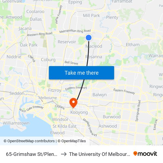 65-Grimshaw St/Plenty Rd (Bundoora) to The University Of Melbourne Burnley Campus map