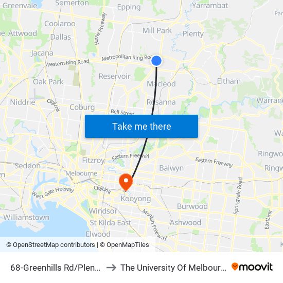 68-Greenhills Rd/Plenty Rd (Bundoora) to The University Of Melbourne Burnley Campus map