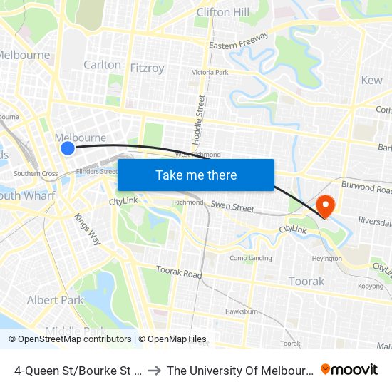 4-Queen St/Bourke St (Melbourne City) to The University Of Melbourne Burnley Campus map