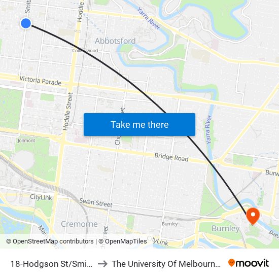 18-Hodgson St/Smith St (Fitzroy) to The University Of Melbourne Burnley Campus map