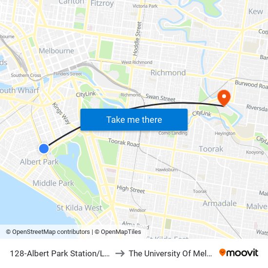 128-Albert Park Station/Light Rail (South Melbourne) to The University Of Melbourne Burnley Campus map