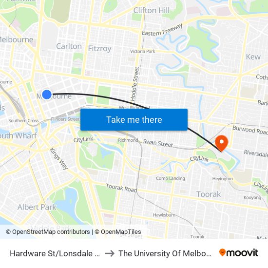 Hardware St/Lonsdale St (Melbourne City) to The University Of Melbourne Burnley Campus map