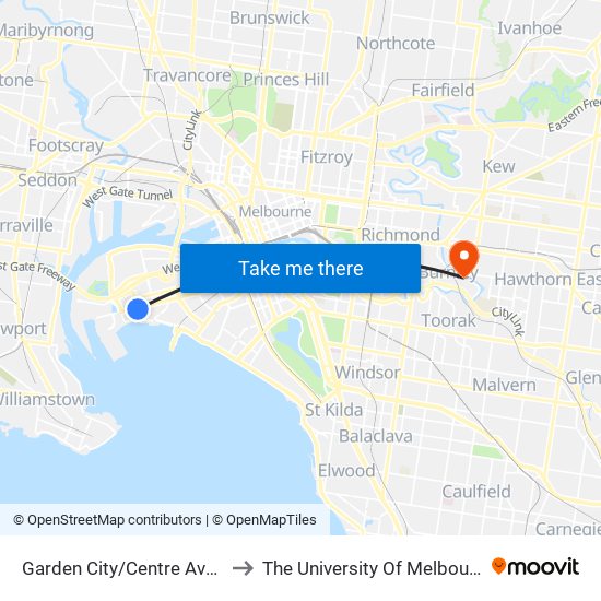 Garden City/Centre Ave (Port Melbourne) to The University Of Melbourne Burnley Campus map
