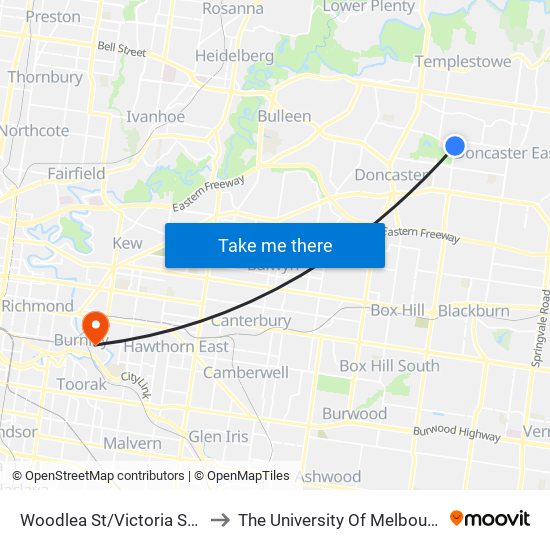 Woodlea St/Victoria St (Doncaster East) to The University Of Melbourne Burnley Campus map