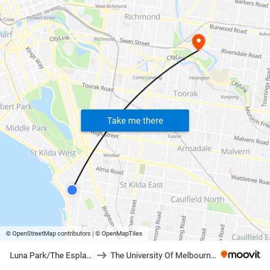 Luna Park/The Esplanade (St Kilda) to The University Of Melbourne Burnley Campus map