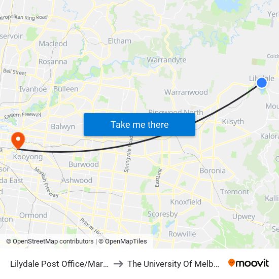 Lilydale Post Office/Maroondah Hwy (Lilydale) to The University Of Melbourne Burnley Campus map