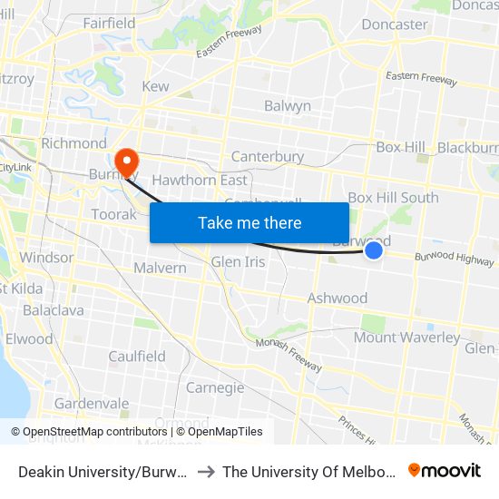 Deakin University/Burwood Hwy (Burwood) to The University Of Melbourne Burnley Campus map