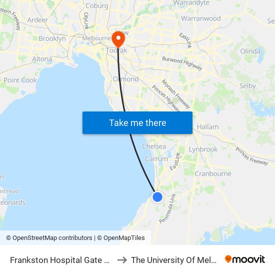 Frankston Hospital Gate 1/Hastings Rd (Frankston) to The University Of Melbourne Burnley Campus map