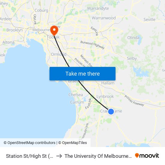 Station St/High St (Cranbourne) to The University Of Melbourne Burnley Campus map