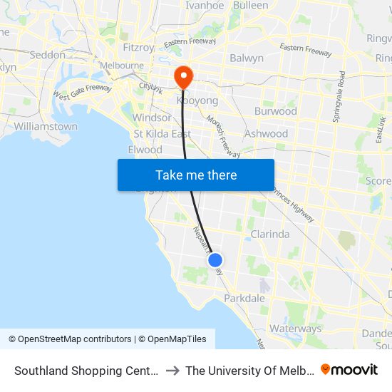 Southland Shopping Centre/Karen St (Cheltenham) to The University Of Melbourne Burnley Campus map