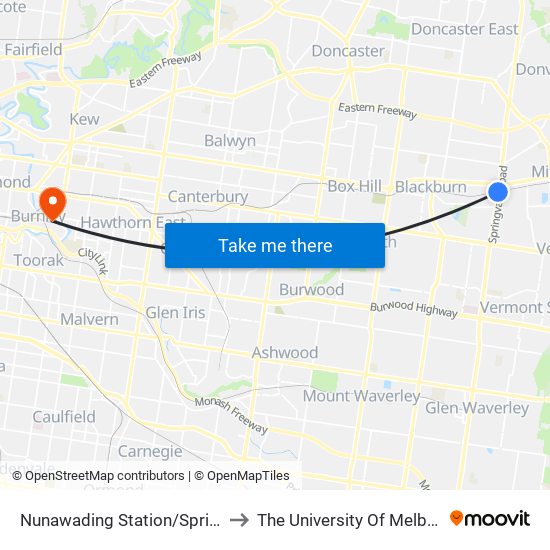 Nunawading Railway Station/Springvale Rd (Nunawading) to The University Of Melbourne Burnley Campus map