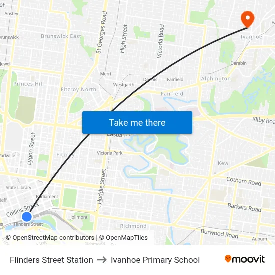 Flinders Street Station to Ivanhoe Primary School map