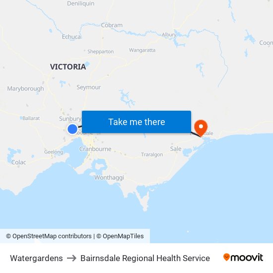 Watergardens to Bairnsdale Regional Health Service map