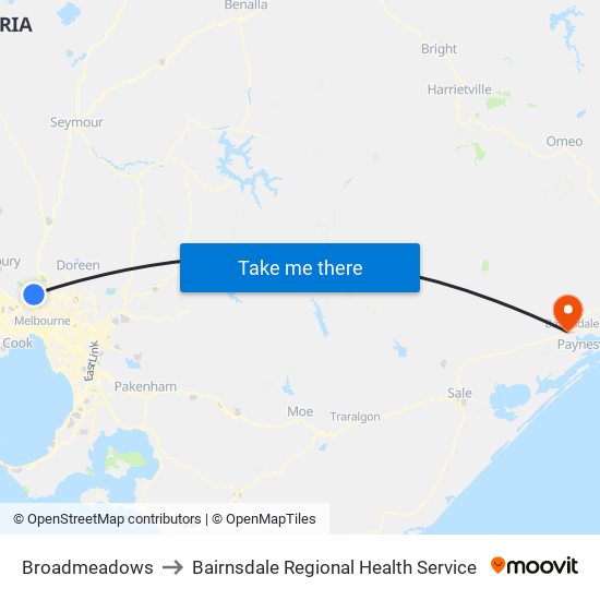 Broadmeadows to Bairnsdale Regional Health Service map