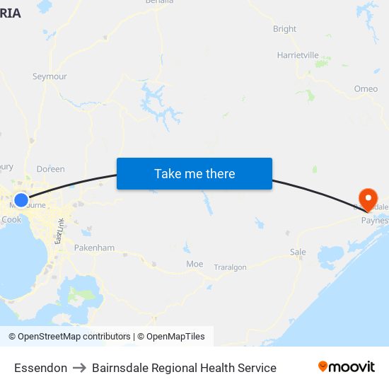 Essendon to Bairnsdale Regional Health Service map