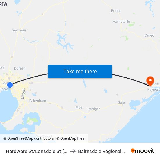 Hardware St/Lonsdale St (Melbourne City) to Bairnsdale Regional Health Service map