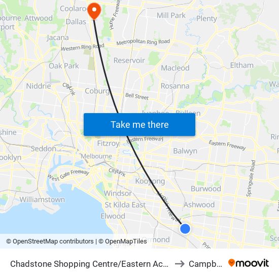 Chadstone Shopping Centre/Eastern Access Rd (Malvern East) to Campbellfield map