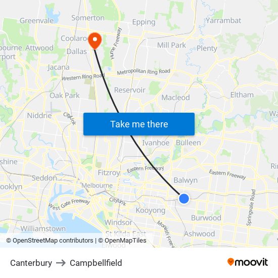 Canterbury to Campbellfield map