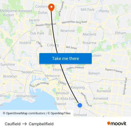 Caulfield to Campbellfield map