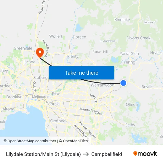 Lilydale Station/Main St to Campbellfield map