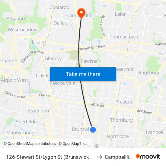 126-Stewart St/Lygon St (Brunswick East) to Campbellfield map