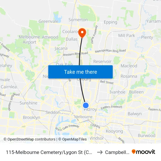 Melbourne Cemetery/Lygon St #115 to Campbellfield map