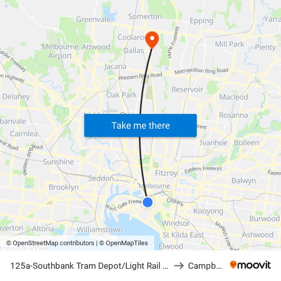125a-Southbank Tram Depot/Light Rail (South Melbourne) to Campbellfield map