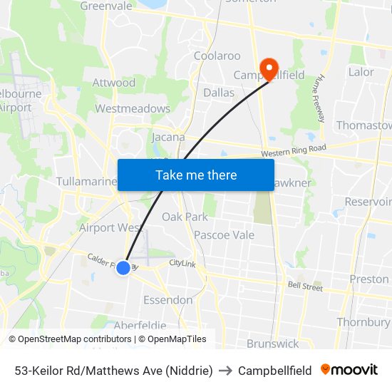 53-Keilor Rd/Matthews Ave (Niddrie) to Campbellfield map