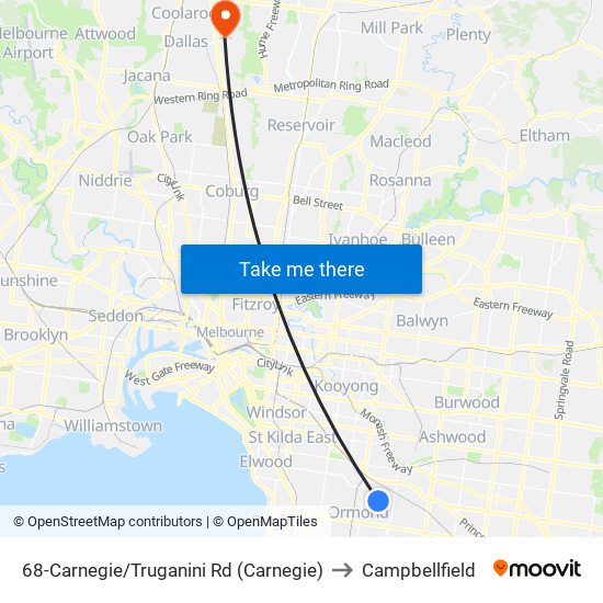 68-Carnegie/Truganini Rd (Carnegie) to Campbellfield map