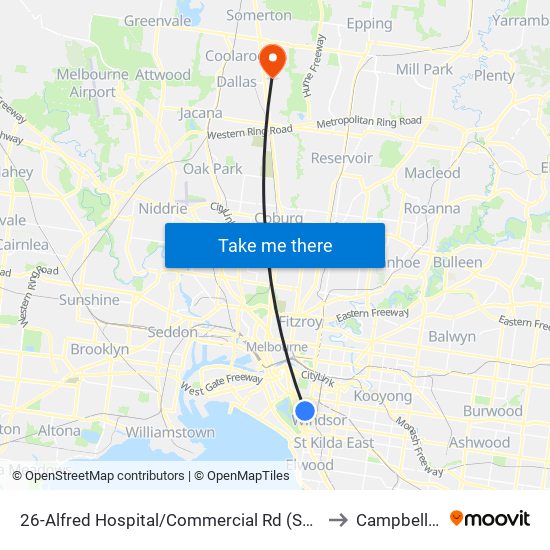 26-Alfred Hospital/Commercial Rd (South Yarra) to Campbellfield map