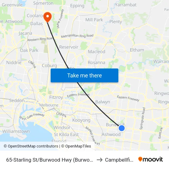 Starling St/Burwood Hwy #65 to Campbellfield map