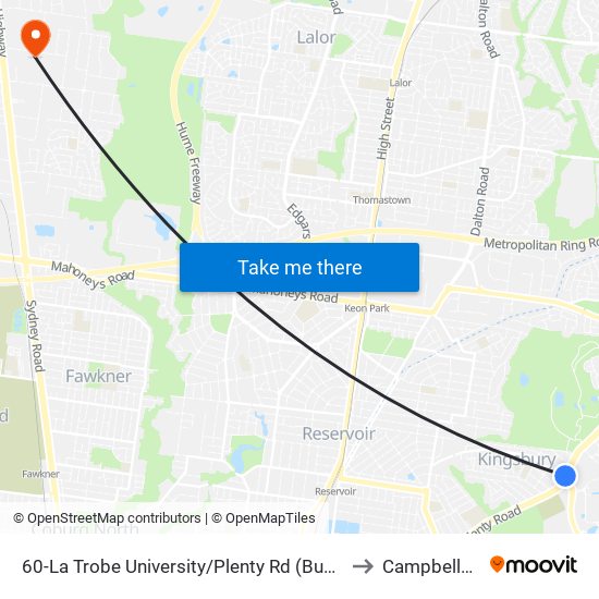 60-La Trobe University/Plenty Rd (Bundoora) to Campbellfield map