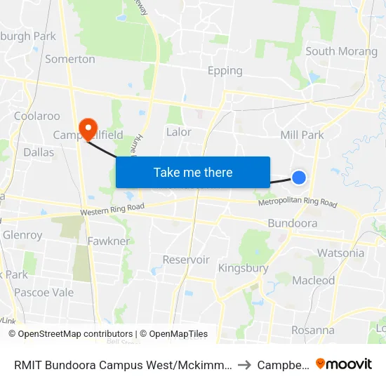 RMIT Bundoora Campus West/Mckimmies Rd to Campbellfield map