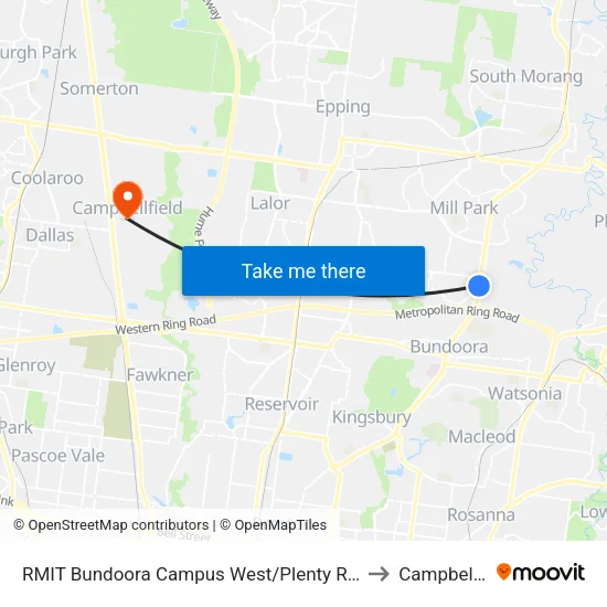 RMIT Bundoora Campus West/Plenty Rd to Campbellfield map