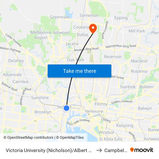 Victoria University (Nicholson)/Albert St (Footscray) to Campbellfield map
