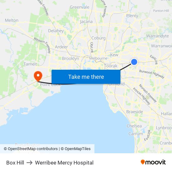 Box Hill to Werribee Mercy Hospital map