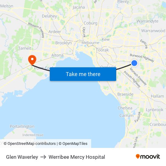 Glen Waverley to Werribee Mercy Hospital map