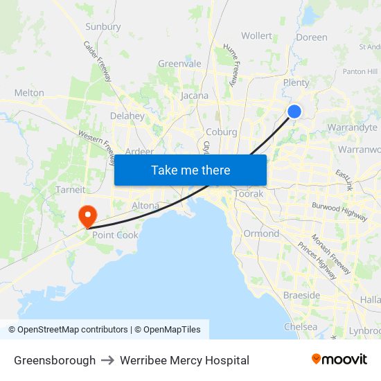 Greensborough to Werribee Mercy Hospital map