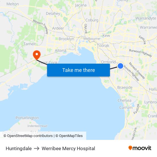 Huntingdale to Werribee Mercy Hospital map