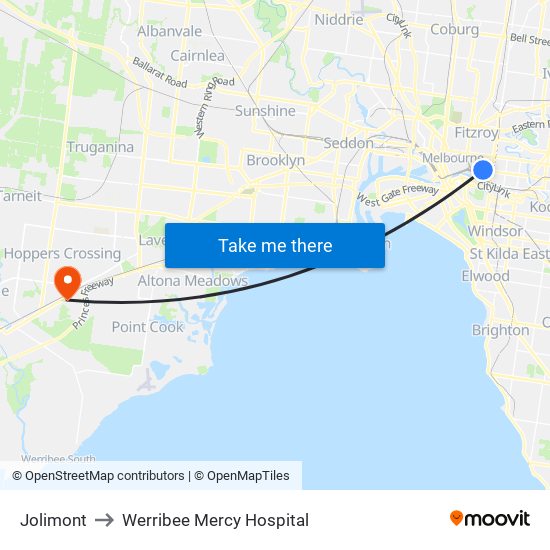 Jolimont to Werribee Mercy Hospital map