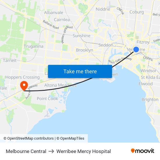 Melbourne Central to Werribee Mercy Hospital map