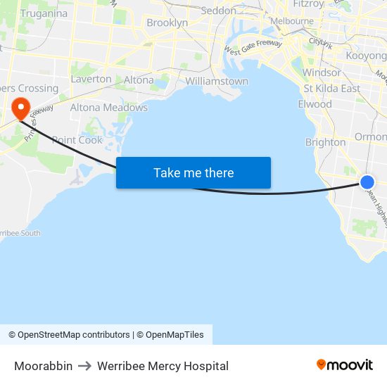 Moorabbin to Werribee Mercy Hospital map