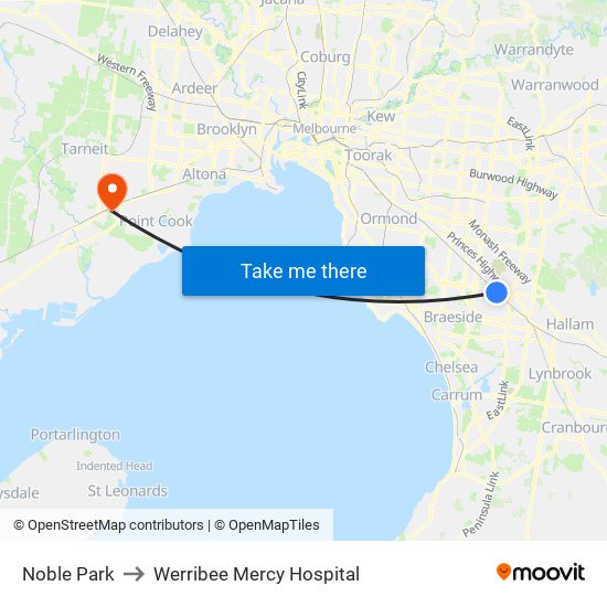 Noble Park to Werribee Mercy Hospital map