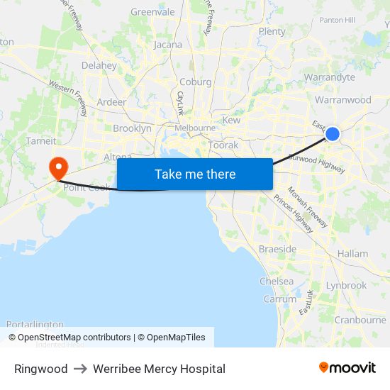 Ringwood to Werribee Mercy Hospital map